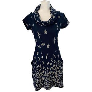 LA Soul Chic Navy Floral Cowl Neck Dress with Bird Print